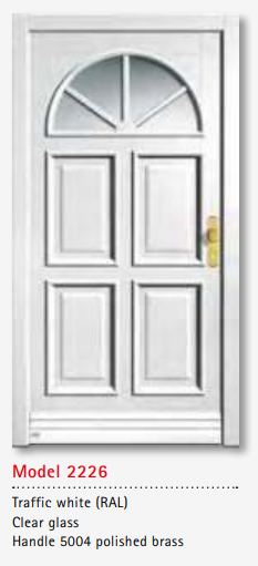UNILUX Model 2226 Traffic White Door, Clear Glass, Polished Brass, High Security, Modern Timber Entry Door